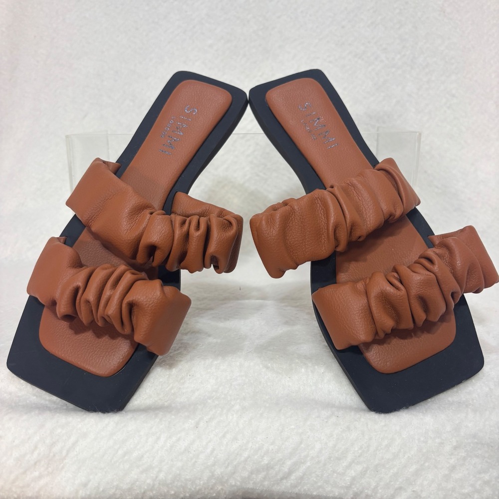 SIMMI London Tan Ruched Double-Strap Square Toe Slide Sandals Womens Size 3